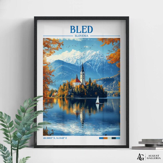Bled Slovenia Alpine Lake Island Church Sunset Travel Poster
