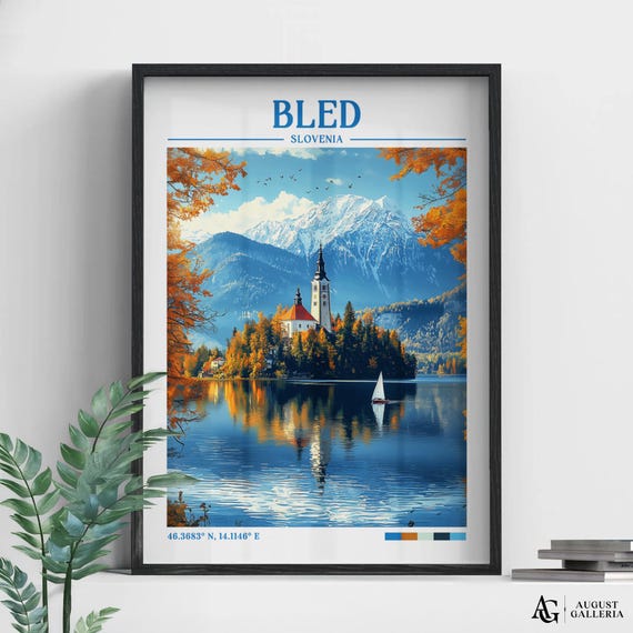 Bled Slovenia Retro Travel Print Wanderlust Posters Wall Art Framed Prints Canvas Poster
