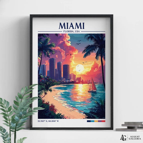 Miami Florida Retro Travel Print Wanderlust Posters Wall Art Framed Prints Canvas Poster Illustration