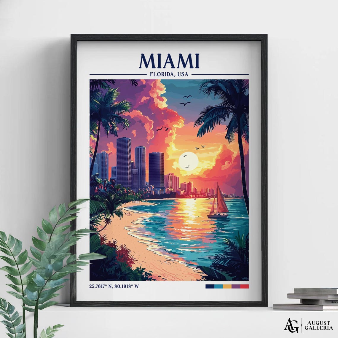 Miami Florida Palm Beach Skyline Sailboat Sunset Travel Poster