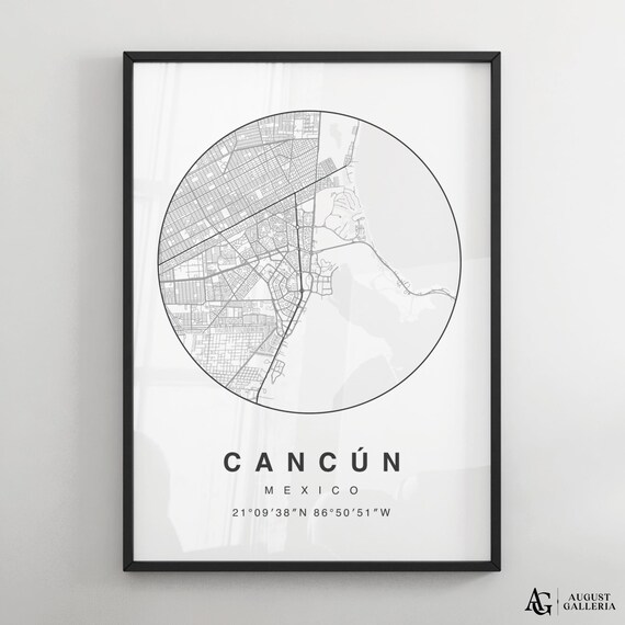 Cancun Mexico Minimalist Black and White Circular City Map Print