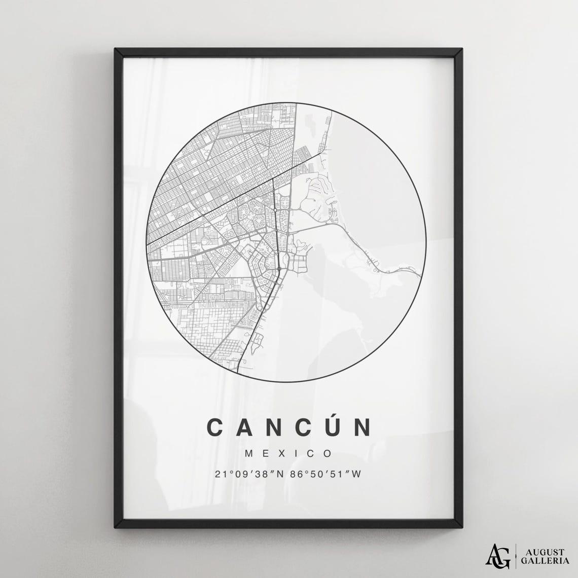 Cancun Mexico Minimalist Black and White Circular City Map Print