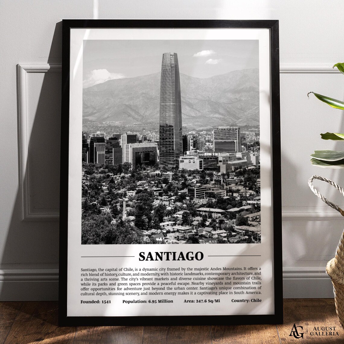 Santiago Chile Gran Torre Skyline Andes Mountains Black White Travel Poster