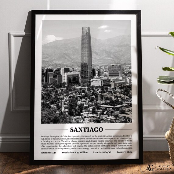 Santiago Chile Gran Torre Skyline Andes Mountains Black White Travel Poster
