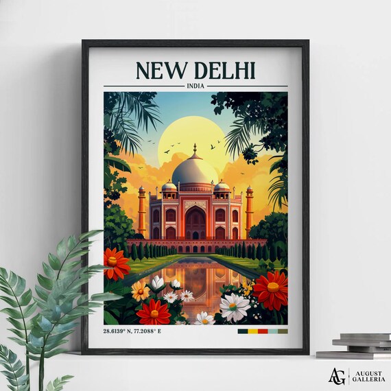 New Delhi India Taj Mahal Sunset Garden Monument Travel Poster