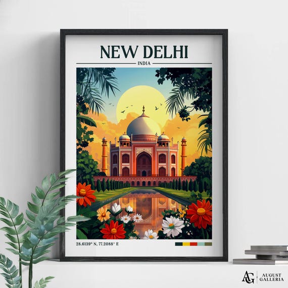 New Delhi Retro Travel Print Wall Art Framed Canvas Poster Illustration Wanderlust