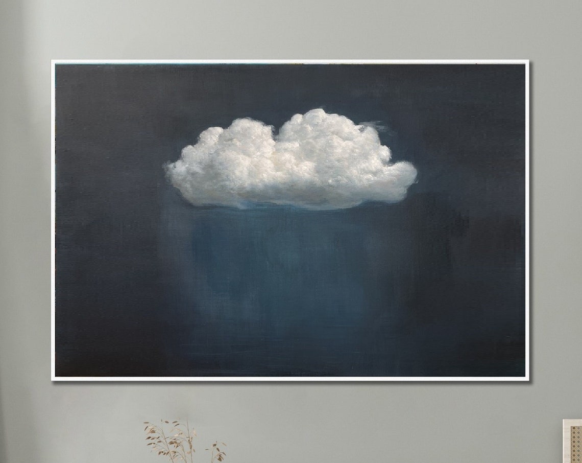 Emerald Blue Sky White Cloud Painting Emerald Blue Wall Art Abstract Art Painting Minimalist Wall Art Maximalist Decor Dark Blue Wall Art - Image 4