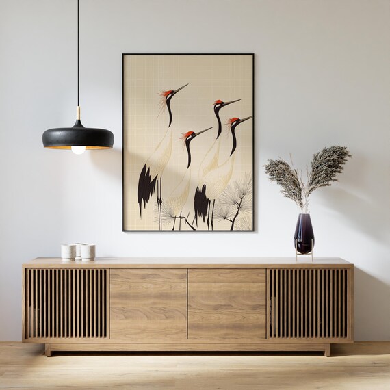 Japandi Crane Art Print Asian Minimalist Wall Decor