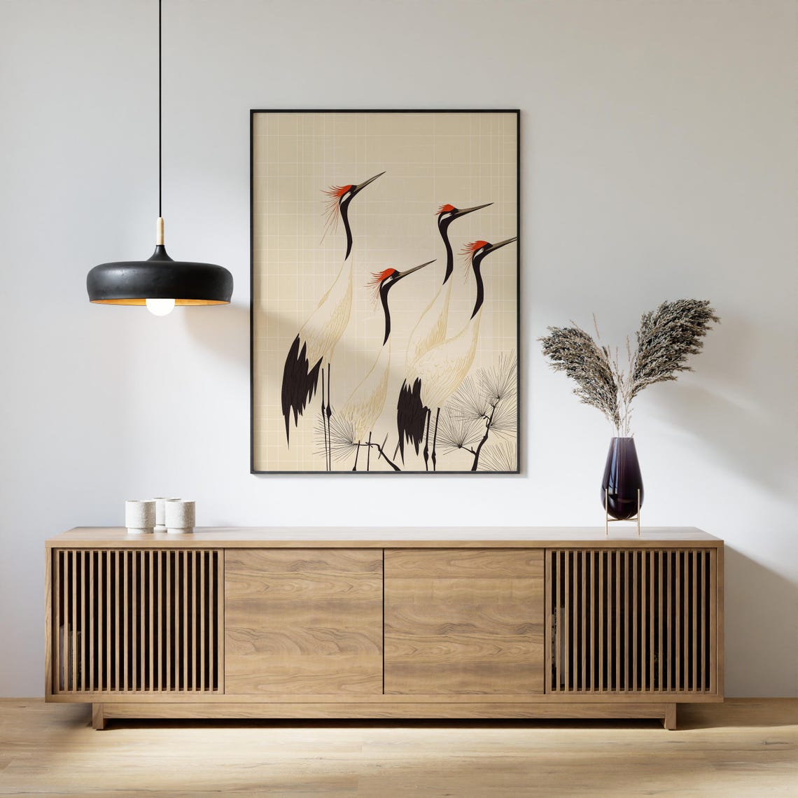 Red Crowned Cranes Japanese Woodblock Elegant Nature Art Print