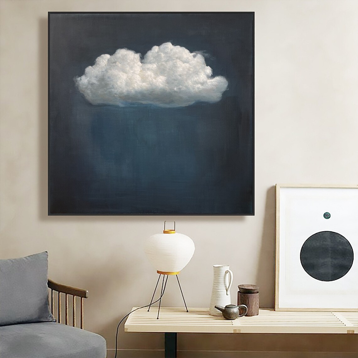 White Fluffy Cloud on Dark Navy Night Sky Minimalist Square Poster - Image 4