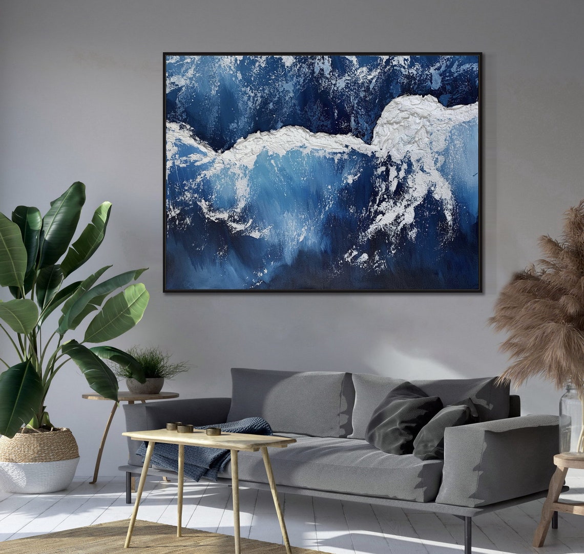 Deep Blue Ocean White Foam Crashing Waves Impasto Textured Poster - Image 3