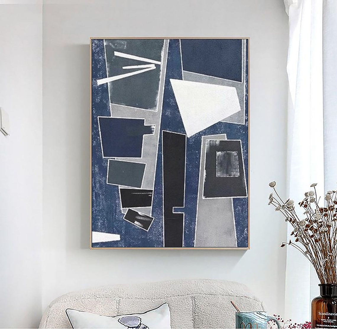 Original Blue And Gray Abstract Painting Wabi Sabi Wall Art Geometric Painting On Blue Painting Gray Painting Abstract Wall Art - Image 4