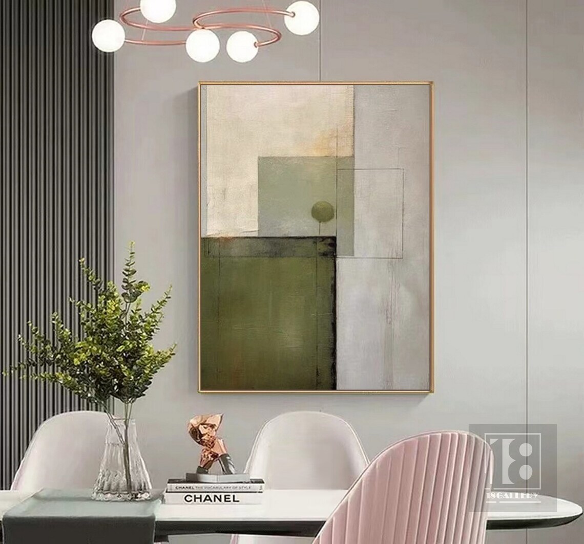 Cream Beige Olive Geometric Block Minimalist Abstract Painting Poster - Image 5