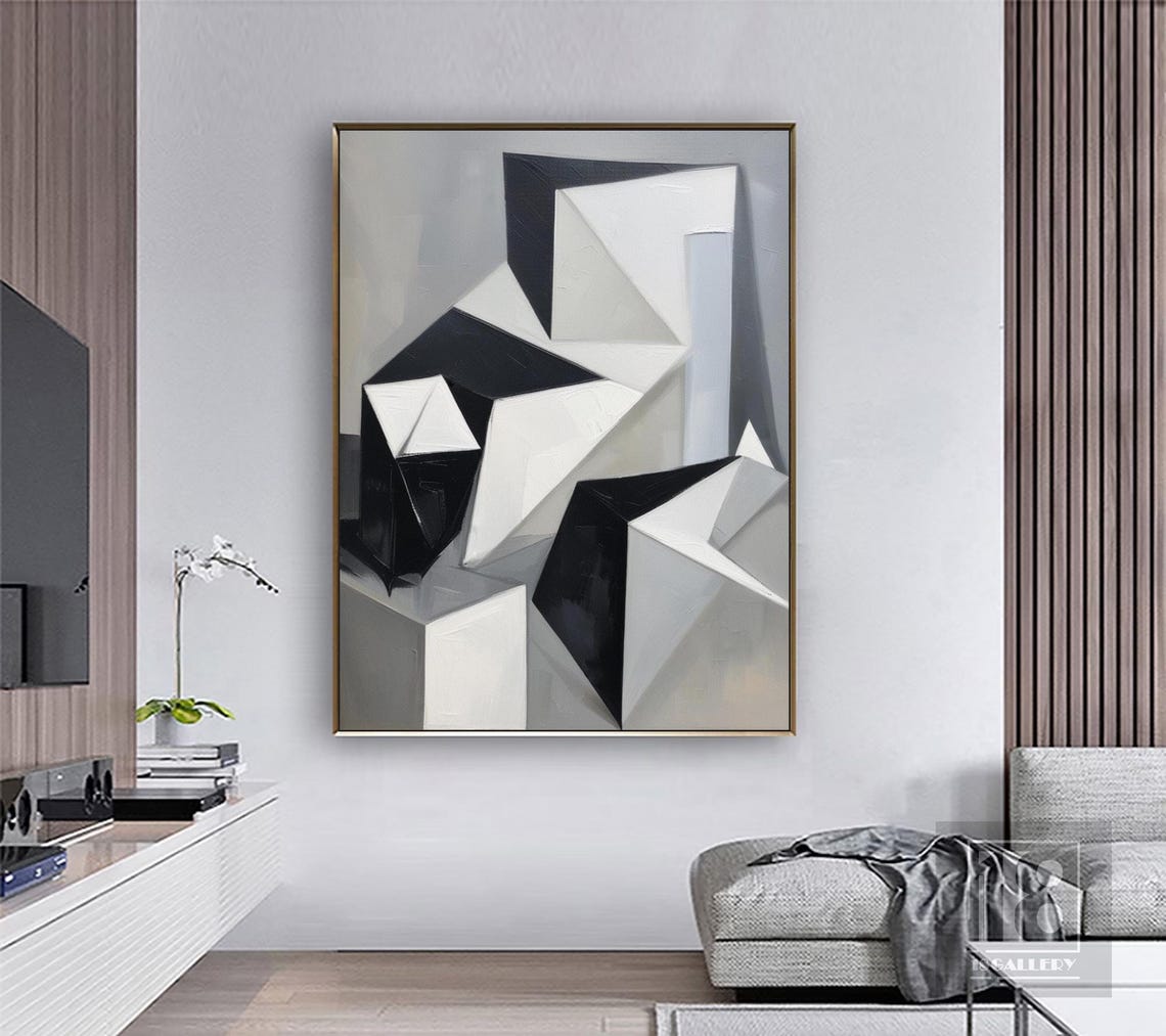 Minimalist Abstract Painting On Modern Geometric Oil Painting Black Gray White Painting Textured Wall Art Living Room Wall Decor - Image 2