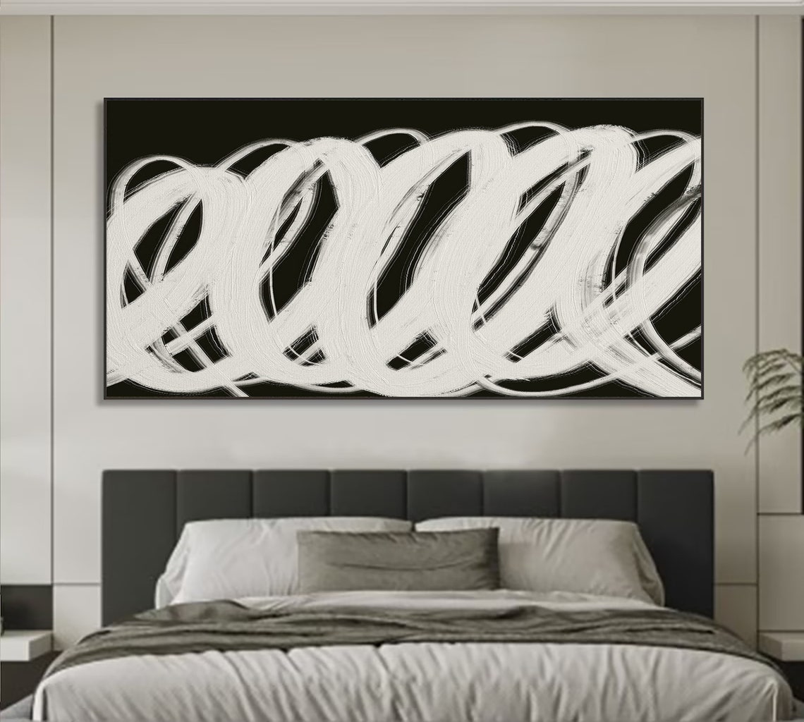 White Bold Brush Swirls On Black Abstract Modern Dramatic Art Poster - Image 3