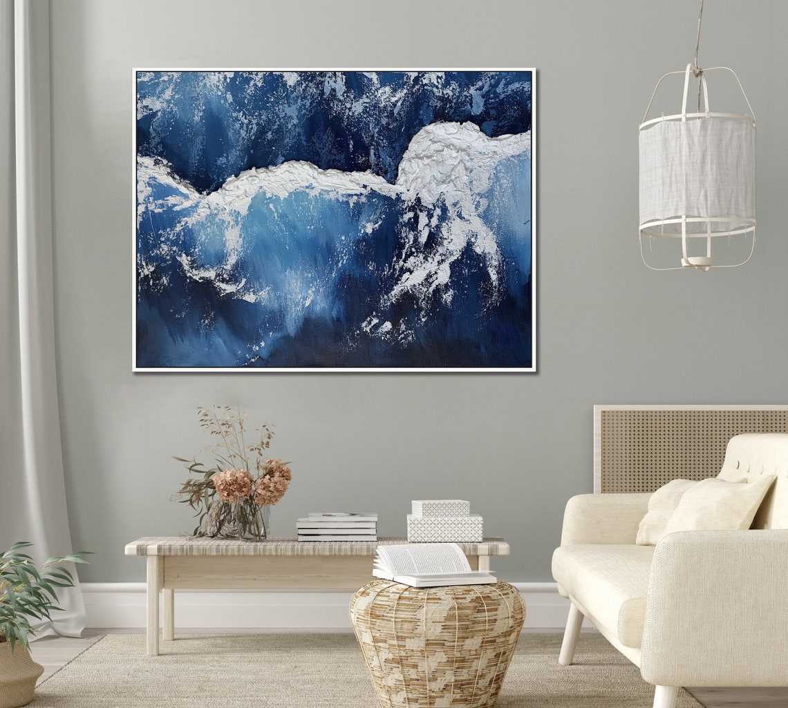 Deep Blue Ocean White Foam Crashing Waves Impasto Textured Poster - Image 5