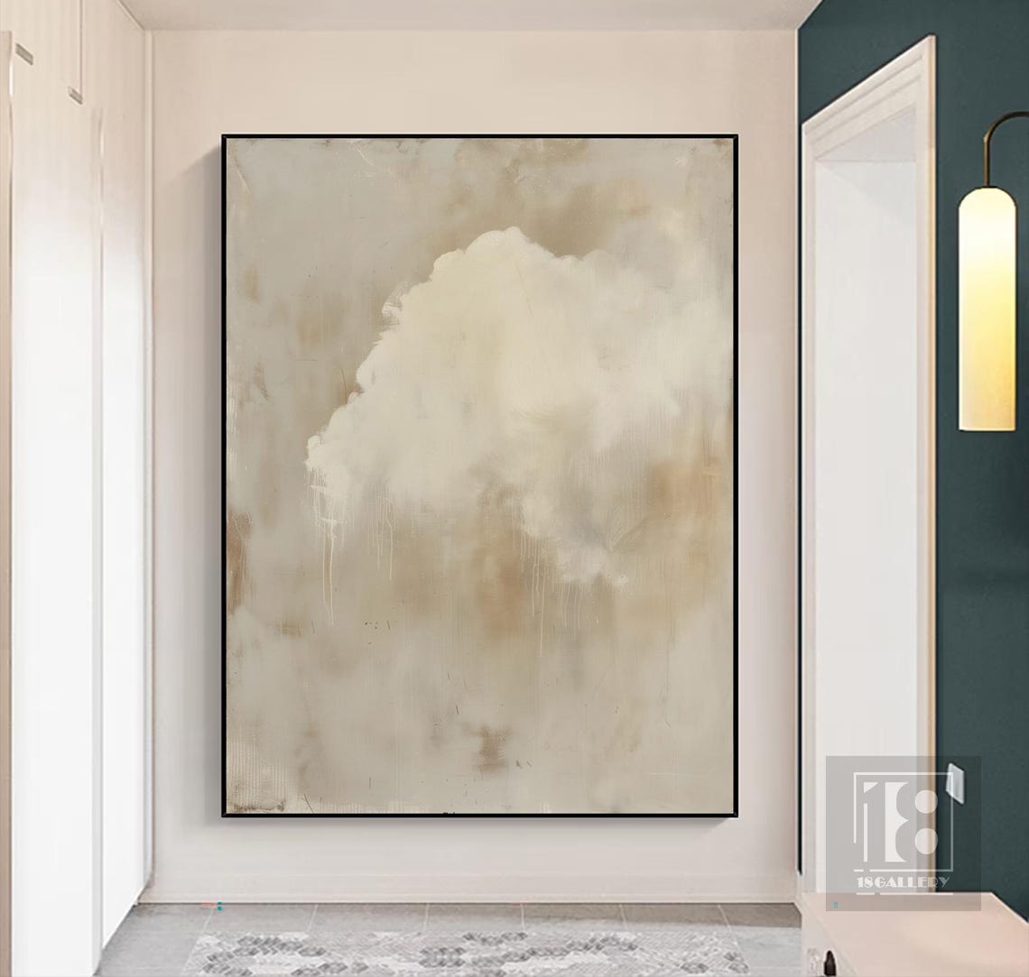 Single Centered White Cloud on Warm Beige Abstract Painting Poster - Image 3