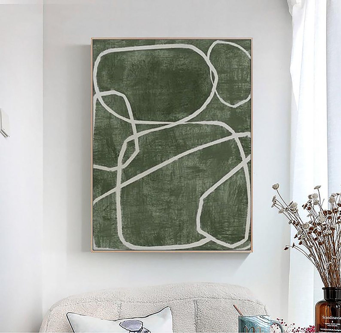 Forest Green With Flowing White Curves Minimalist Line Art Poster - Image 2