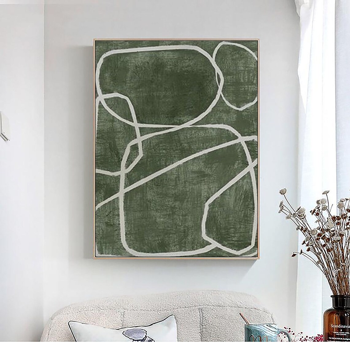 Green White Abstract Oil Painting On White Textured Painting Green Abstract Wall Art Wabisabi Wall Art Green Minimalist Painting - Image 2