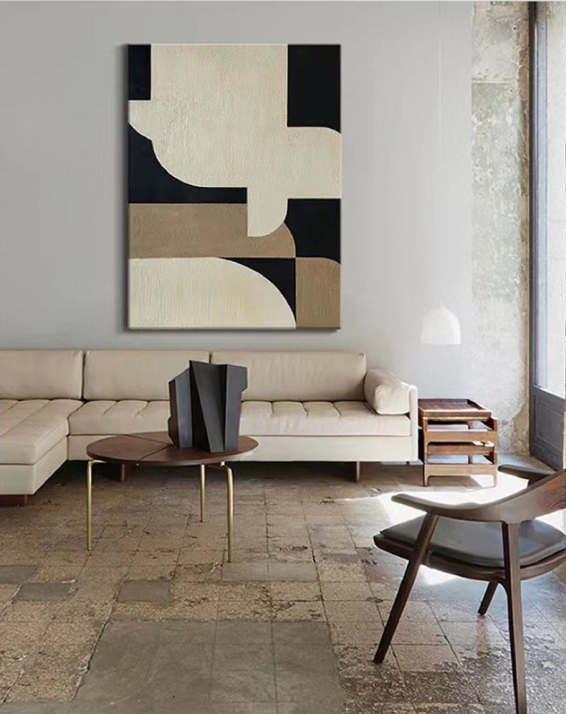 Black Geometric Blocks Tan Textured Modern Abstract Art Poster - Image 3