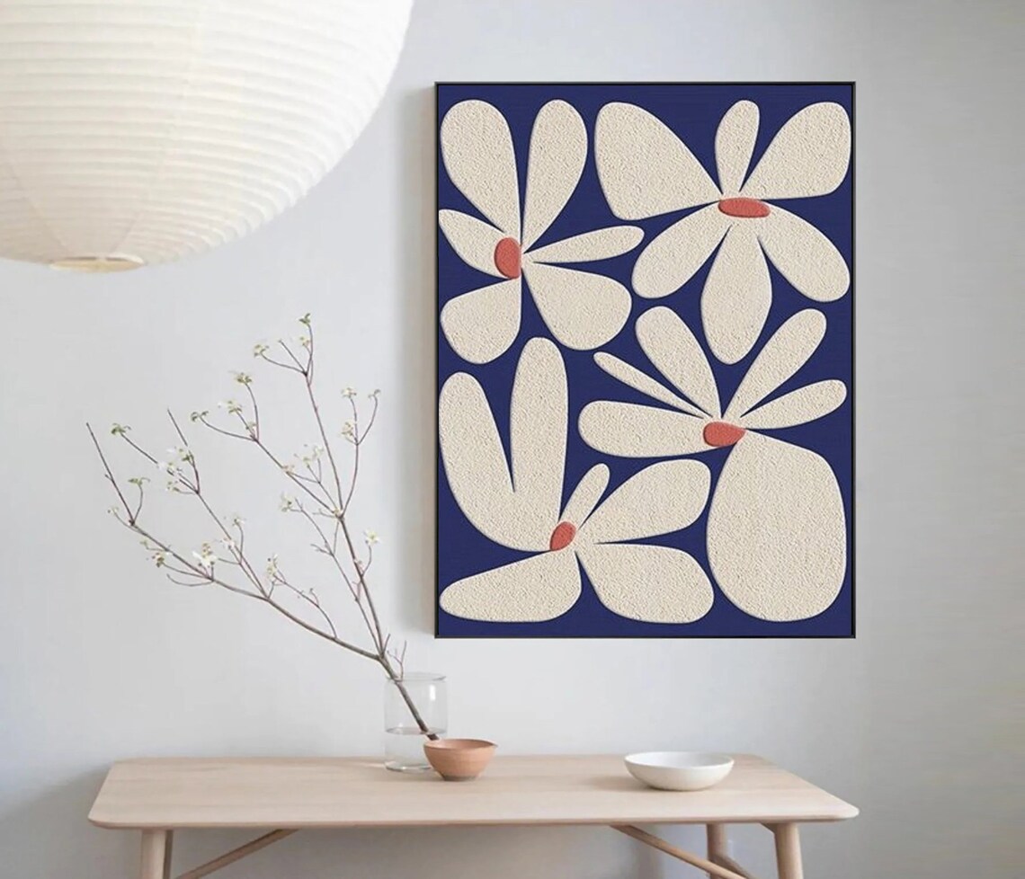 White Stylized Flowers with Coral Centers on Navy Modern Floral Poster - Image 5