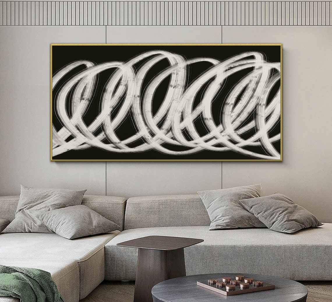White Looped Brush Circles On Black Abstract Modern Art Poster - Image 2