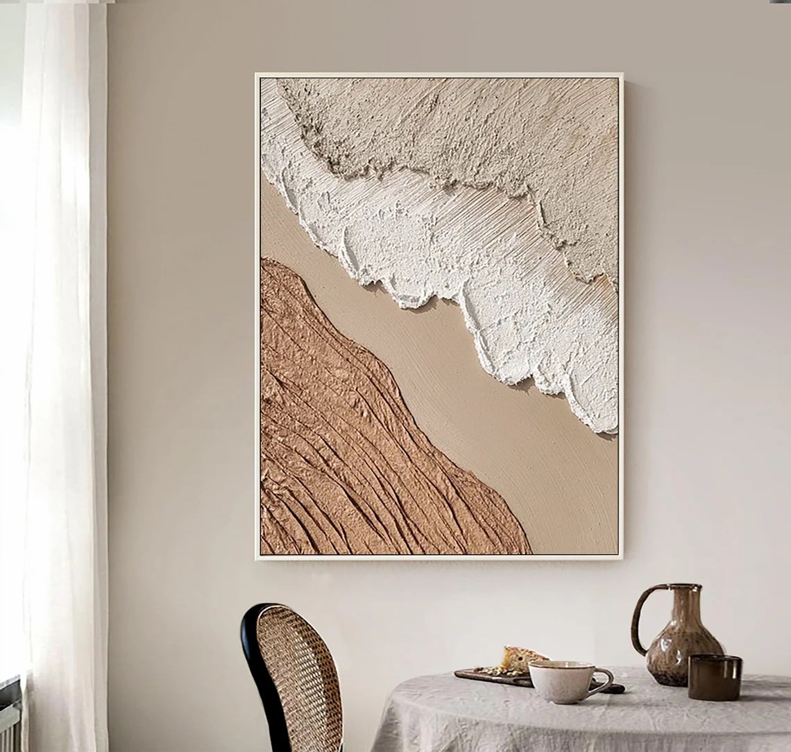 Original Brown Beige White Minimalist Abstract Painting For 3d Textured Wall Art For Beige White Textured Painting For Abstract Art - Image 3