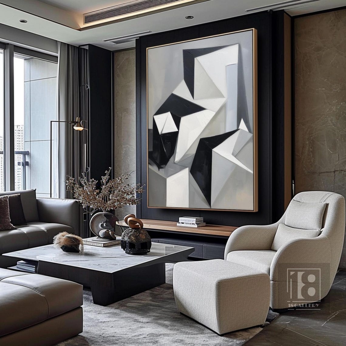 Minimalist Abstract Painting On Modern Geometric Oil Painting Black Gray White Painting Textured Wall Art Living Room Wall Decor - Image 5