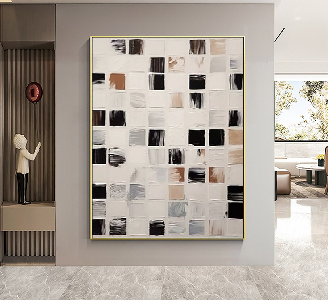 Neutral Grid Squares with Tan and Black Brushstrokes Modern Art Poster - Image 2