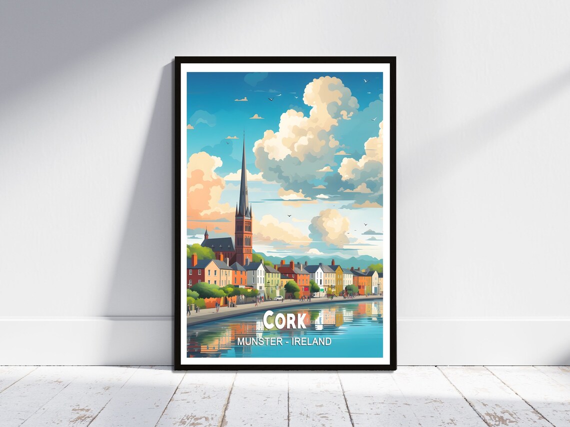 Cork Ireland River Church Spire Munster Vintage Travel Poster