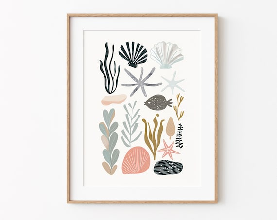Ocean Life Illustration With Shells Starfish And Seaweed Coastal Poster