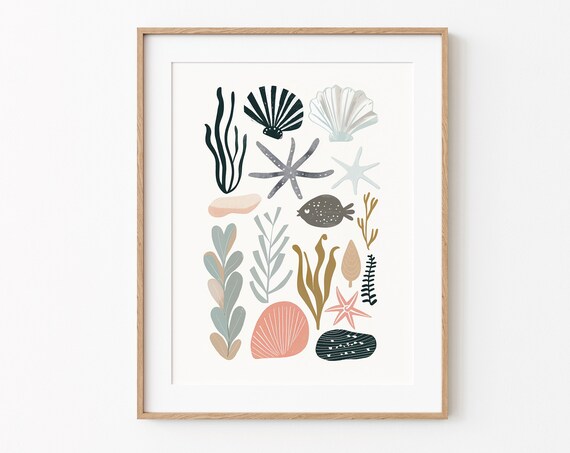 Print Seaweed And Stones Abstract Drawing Boho Style Poster Wall Art Nursery Decor