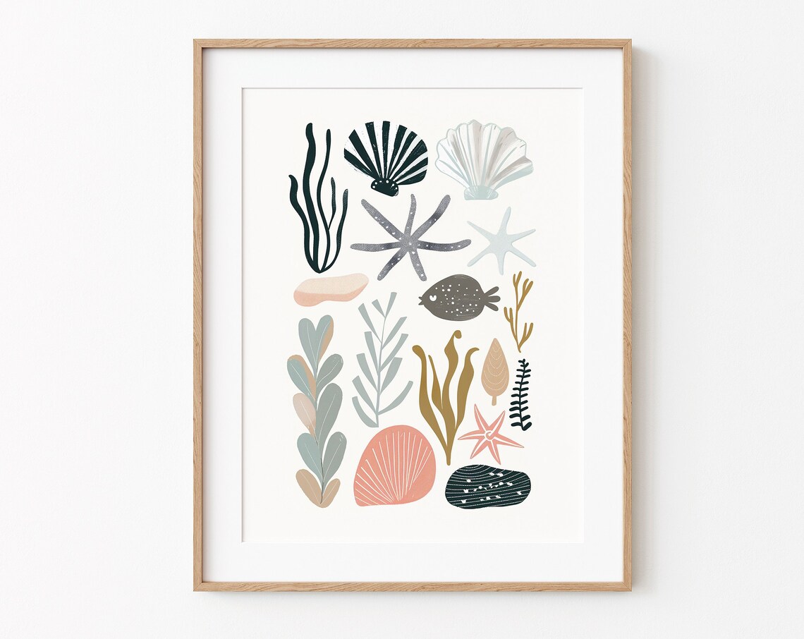 Print Seaweed And Stones Abstract Drawing Boho Style Poster Wall Art Nursery Decor