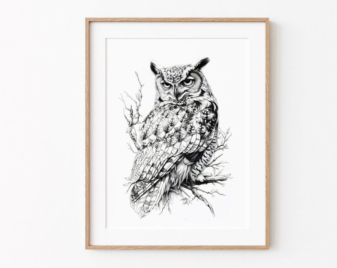 Owl Poster Print Minimalist Sketch Style Instant Pencil Ai Illustration