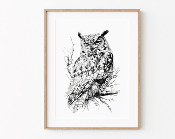Owl Poster Print Minimalist Sketch Style Instant Pencil Ai Illustration