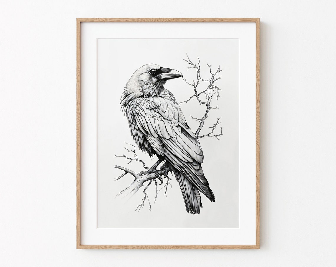 Crow Perched On Branch Pencil Sketch Poster Black White Nature