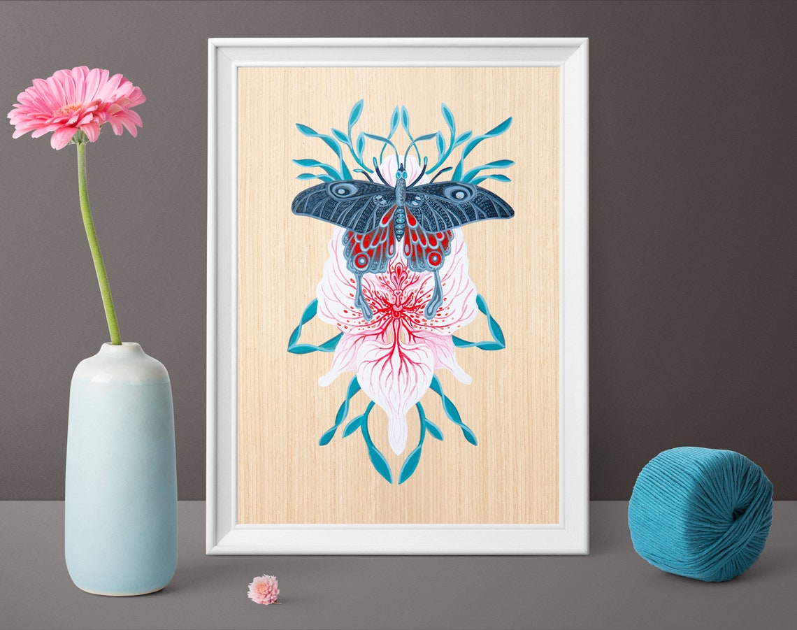Midnight Blue Butterfly Over Red Veined Orchid Tropical Art Poster