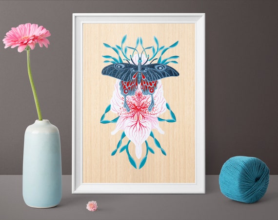 Print File Instant Jpg Butterfly Orchid Floral Botanical Nature Painting