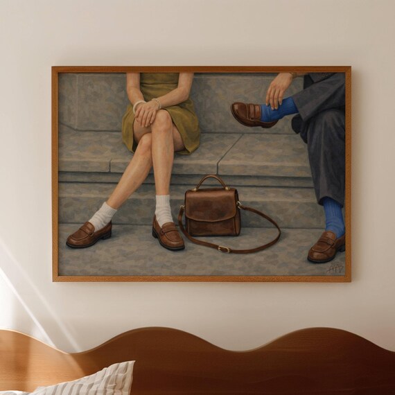 Meet Me At The Pavewalk Oil Painting Print Horizontal Above Bed Contemporary Wall Art Hand Drawn Mid Century Modern Romantic Couple Poster
