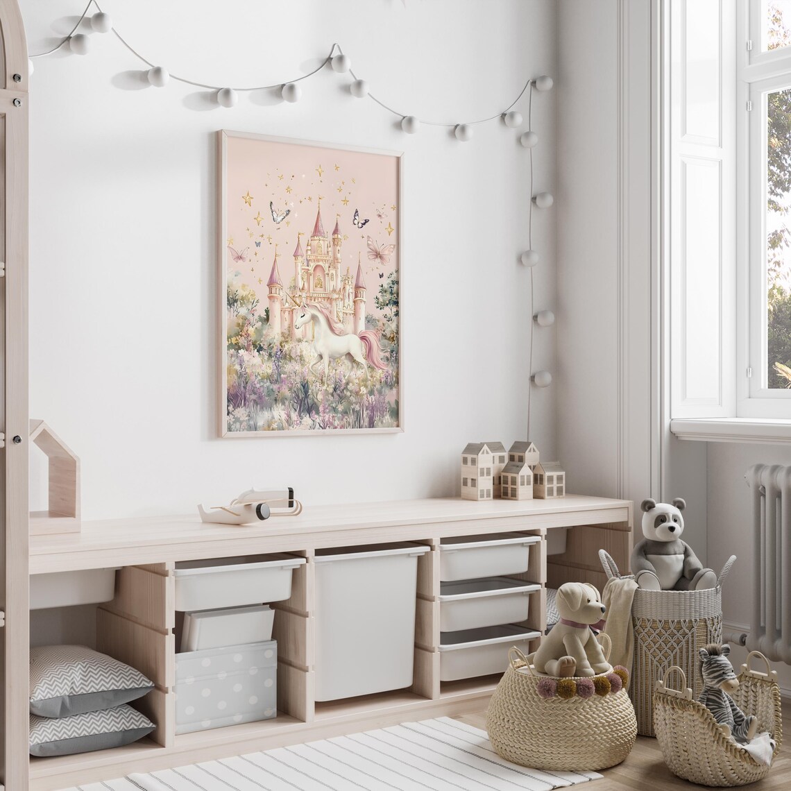 Pink Unicorn Castle Magical Princess Nursery Watercolor Art Poster - Image 2
