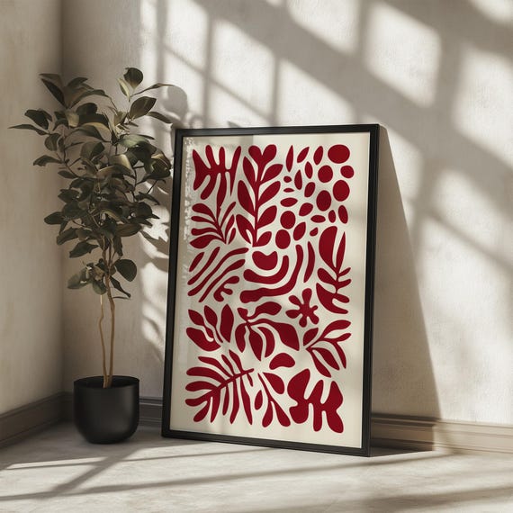 Botanical Matisse Inspired Print Nature Rolled Posters Cherry Red Wall Art Boho Decor Abstract Painting Trendy Floral