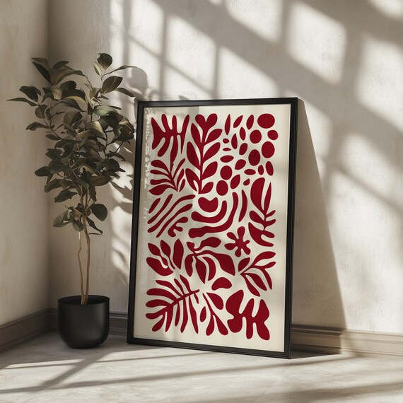 Deep Red Matisse Style Botanical Cutout Abstract Leaf Poster