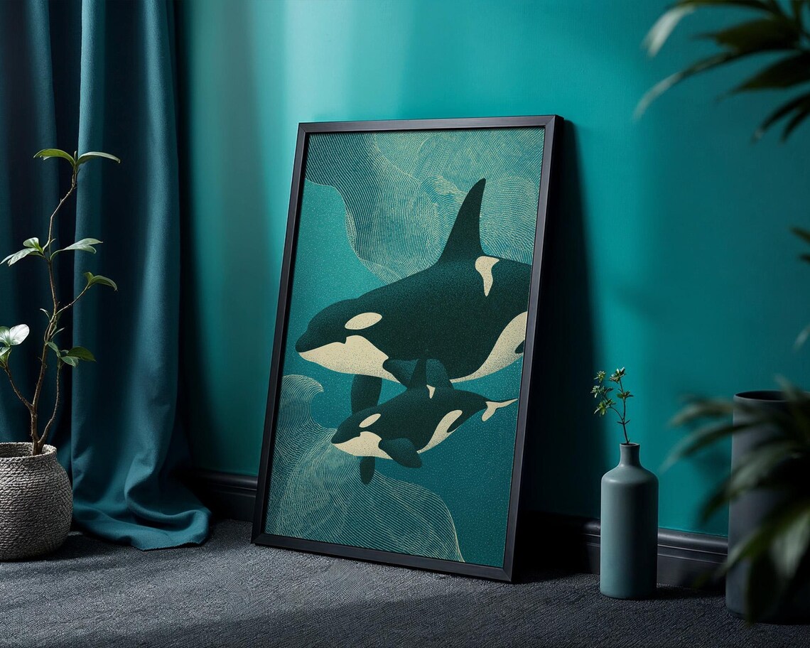 Orca Mother And Calf Teal Ocean Stylized Whale Illustration Nursery Poster