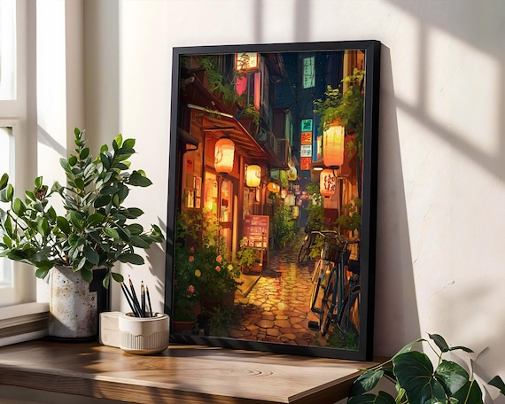 Tokyo Japan Night Alley Lantern Anime Style Cozy Street Illustration Poster
