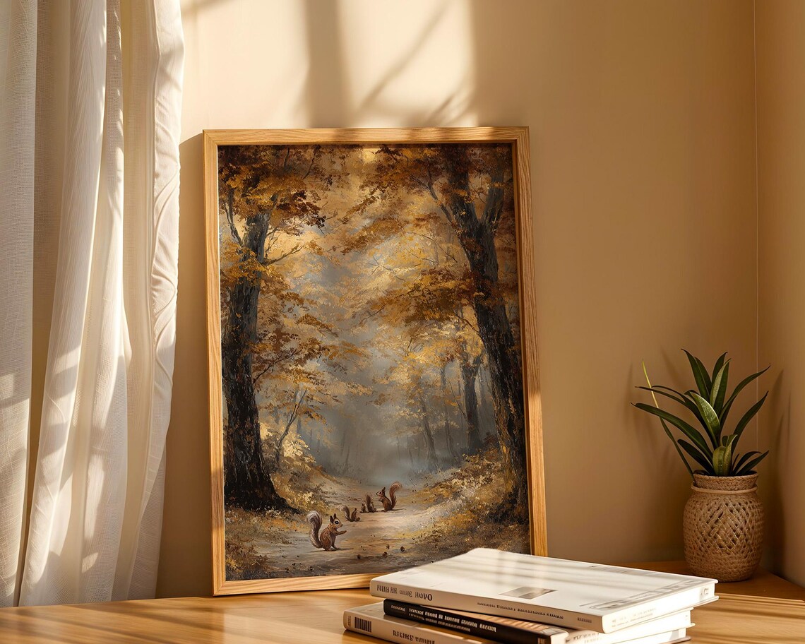 Cozy Autumn Squirrel Wall Art Print Walk Through The Woods Poster Rustic Cabin Decor Fall Forest Animal Illustration