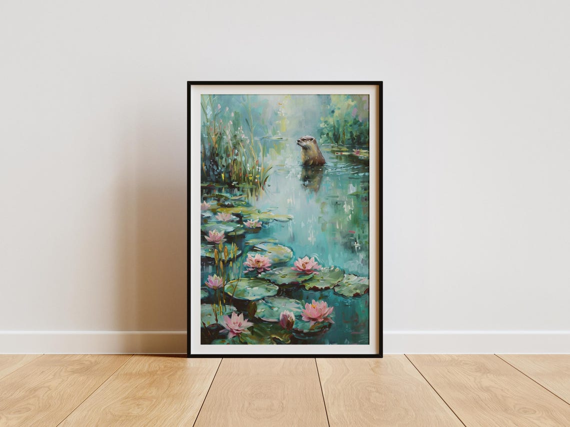 Otter Among Water Lilies Impressionist Pond Wildlife Art Print