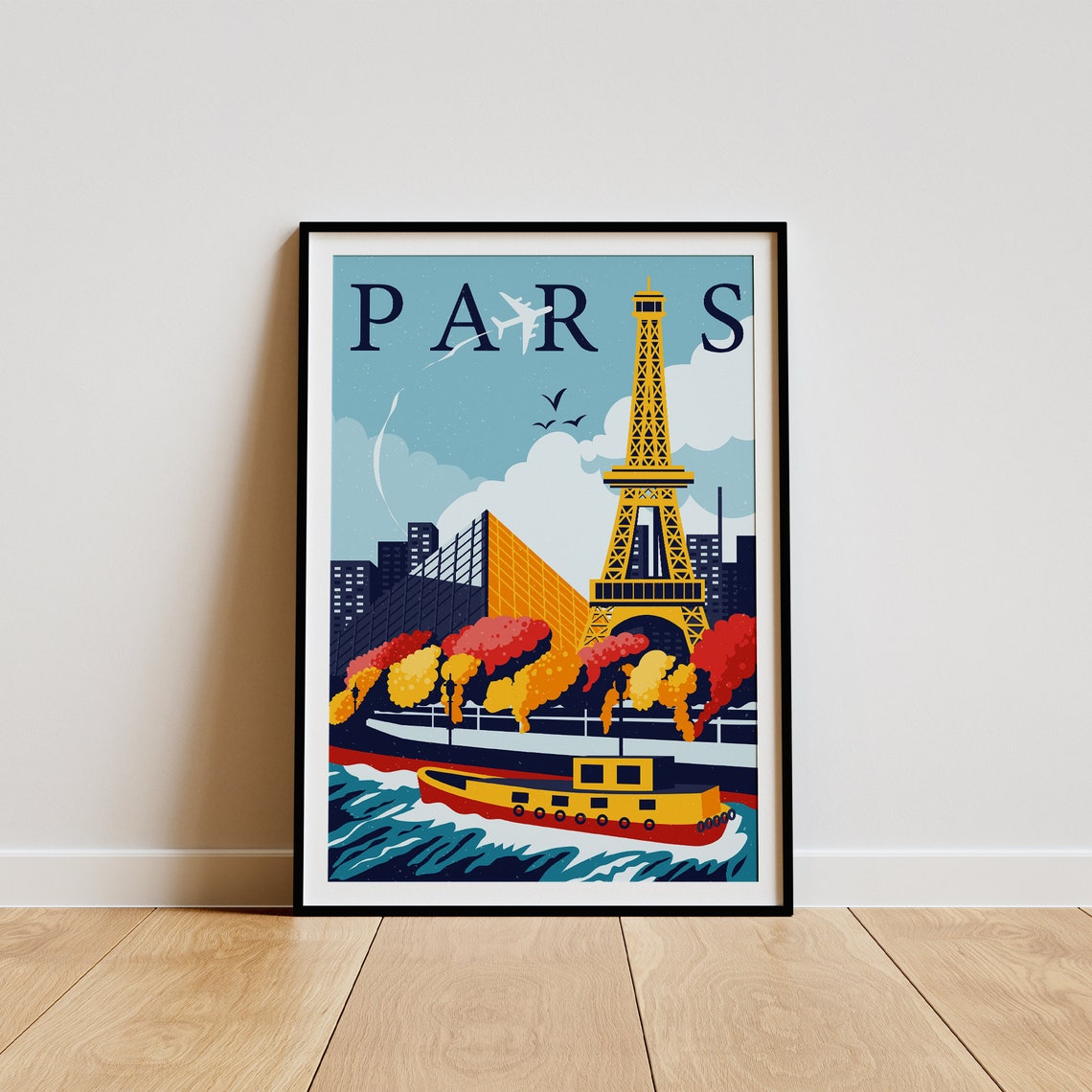 Paris Eiffel Tower Louvre Pyramid Autumn Retro Travel Poster