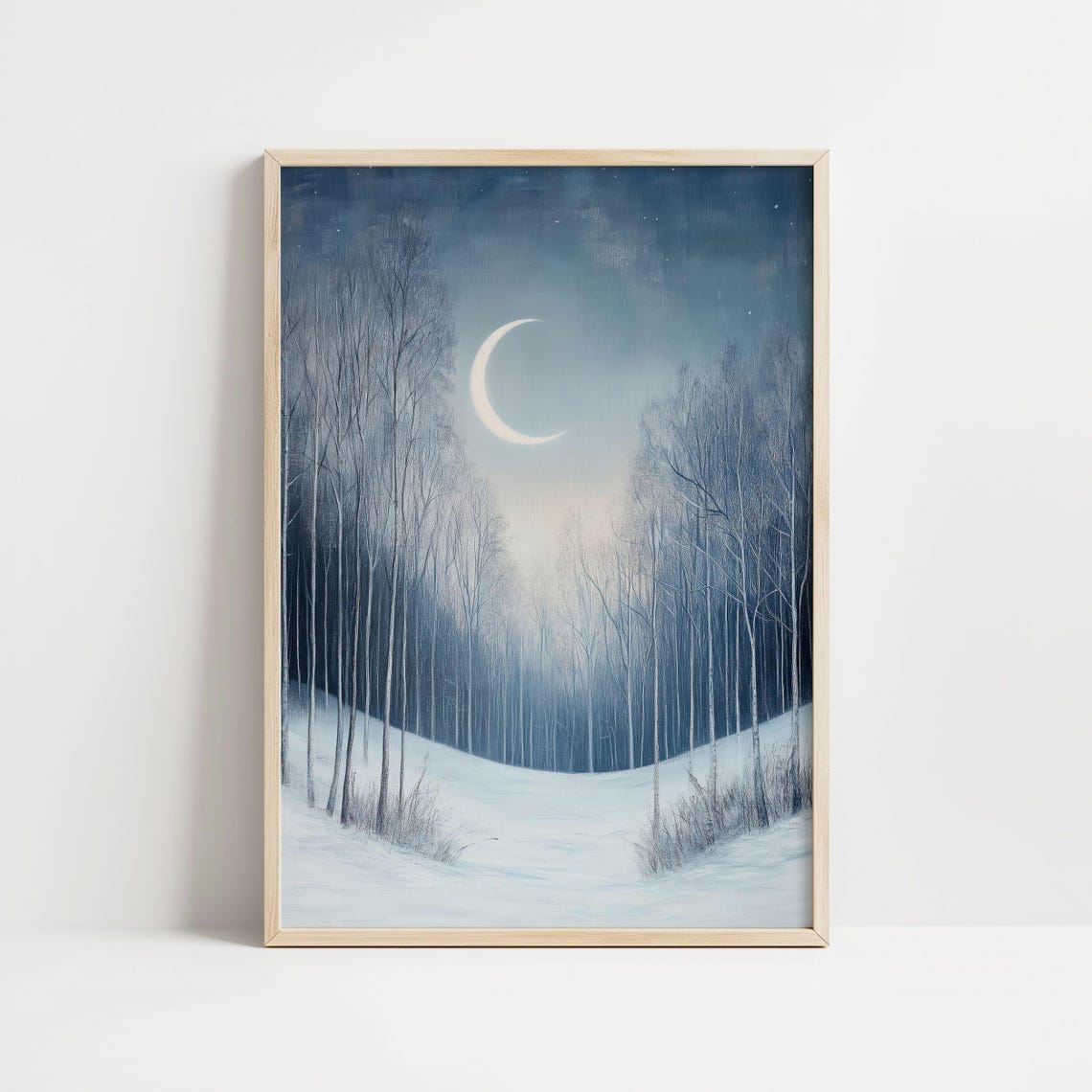 Glowing Crescent Moon Over a Snowy Winter Birch Forest Poster - Image 8