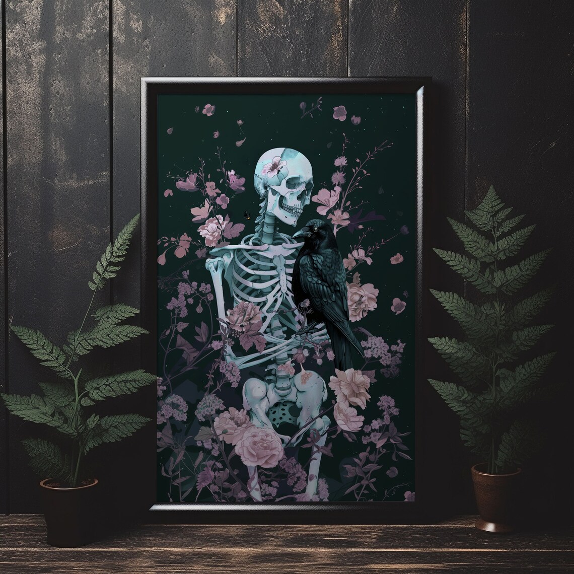 Skeleton And Raven Among Pink Blossoms Dark Gothic Floral Art Poster - Image 4