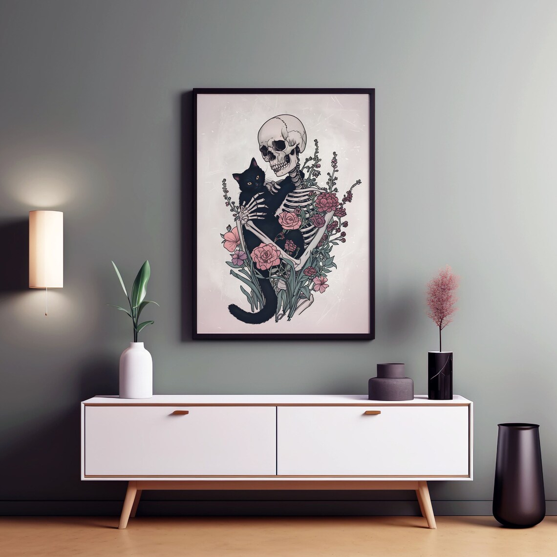 Gothic Skeleton With Cat, Dark Floral Art Print - Image 8
